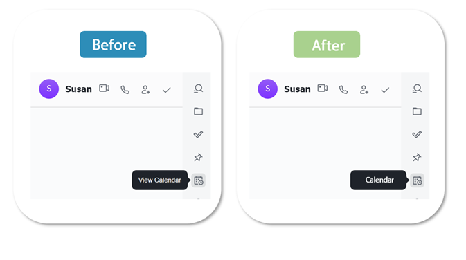 Before and after Lark Messenger tooltips, changing View Calendar to Calendar beside the calendar icon.