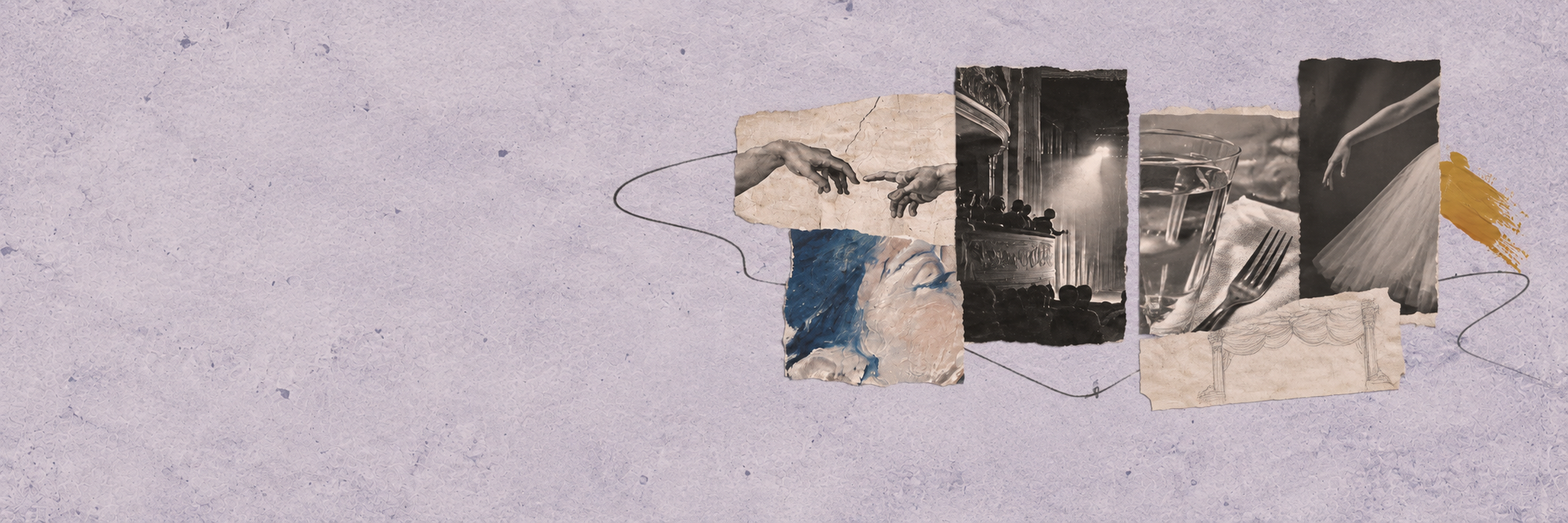 Lavender paper collage with art, a theater, a table setting, and a dancer.